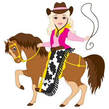Vector Beautiful Young Cowgirl Riding a Horse