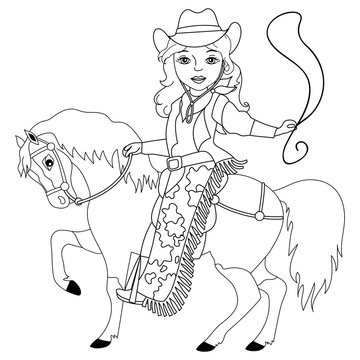Vector Beautiful Young Cowgirl Riding a Horse