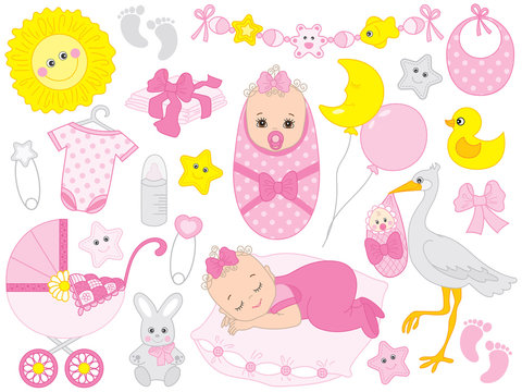 Vector Baby Shower Set with Cute Baby Girl, Stork, Accessories and Toys