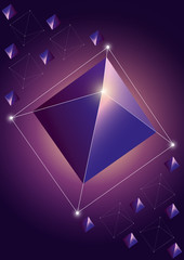 Vector illustration of trendy cosmic crystal geometric shapes pyramid in purple color. Polygon diamond or crystal poster.