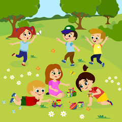 Obraz na płótnie Canvas Vector illustration of kids playing outside on green grass with flowers, trees. Happy children playing on the yard with toys in cartoon flat style.