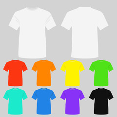 Vector illustration set of templates colored t-shirts. T-shirts in white, black and other bright colors in flat style.