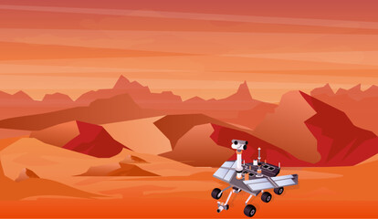 Vector illustration of Mars planet landscape and space exploration machine, space technology in flat style. © Natalia