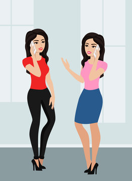 Vector illustration of two cute cartoon girls using a cell phone. Women are talking by mobile phone in flat style. Stock Vector | Adobe Stock Vector illustration of two cute cartoon girls using a cell phone. Women are talking by mobile phone in flat style. Stock Vector | Adobe Stock