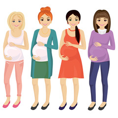 Woman pregnant standing in different clothes and hair styles, touching her belly, smiling. Happy pregnant woman set on white background in flat style.