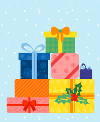 Vector illustration of colorful wrapped gift boxes. Beautiful present box on blue background with snow. Christmas gift box.