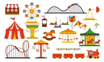 Vector illustration amusement park elements on white background. Family rest in rides park with colorful ferris wheel, carousel, circus in flat style.
