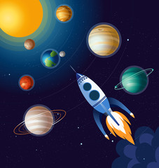 Vector illustration of rocket flying above clouds in space and between planets, spaceship on dark blue background in flat cartoon style.