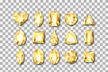 Set of vector realistic golden gems and jewels on transparent background. Gold shiny diamonds with different cuts. Design elements and icons for holiday gift and jewelry shop.