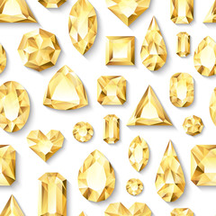 Vector seamless white glossy background with 3d golden gems, jewels. Gold shiny diamonds with different cuts.
