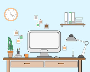 Vector illustration workspace for freelancer with computer, lamp, shelf, books, and cup of coffee on blue wall background in flat style with line.
