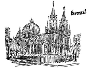 Fototapeta premium Brazil Cathedral San Paulo sketch handmade postcard