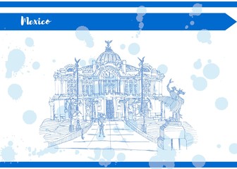 Blue Mexican Palace of Fine Arts sketch handmade
