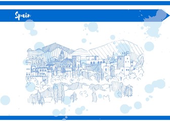 Blue spain castle on the mountain sketch liner vector - obrazy, fototapety, plakaty
