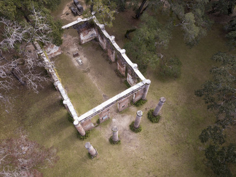 Aerial view of the ruins of Sheldon Church, built in the 1740s in South Carolina