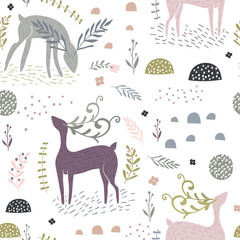 Seamless pattern with deers, floral elements, branches. Creative woodland background. Perfect for kids apparel,fabric, textile, nursery decoration,wrapping paper.Vector Illustration