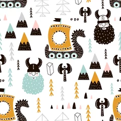  Kinderachtig naadloos patroon met Vikingen. Trendy Scandinavische vector achtergrond. Perfect voor kinderkleding, stof, textiel, kinderkamerdecoratie, inpakpapier © solodkayamari