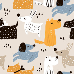 Kinderachtig naadloos patroon met hand getrokken honden. Trendy Scandinavische vector achtergrond. Perfect voor kinderkleding, stof, textiel, kinderkamerdecoratie, inpakpapier