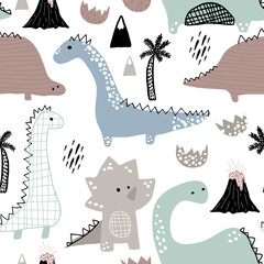 Childish seamless pattern with hand drawn dino in scandinavian style. Creative vector childish background for fabric, textile
