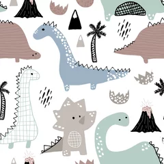  Childish seamless pattern with hand drawn dino in scandinavian style. Creative vector childish background for fabric, textile © solodkayamari