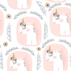 Cute seamless pattern with fairy unicorns . Childish texture for fabric, textile. Scandinavian style. Vector Illustration