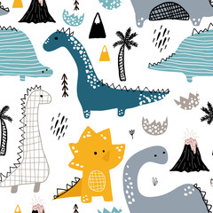 Kindisches nahtloses Muster mit handgezeichnetem Dino im skandinavischen Stil. Kreativer Vektor kindischer Hintergrund für Stoff, Textil