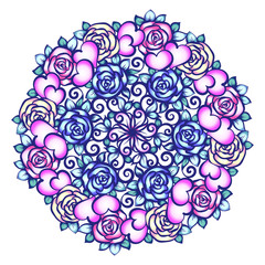 Mandala with roses, leaves, hearts and scrolls