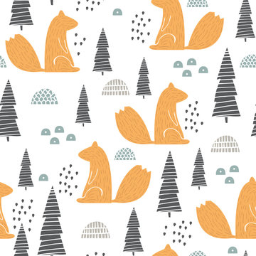 Seamless pattern with squirrel. Creative woodland height detailed background. Perfect for kids apparel,fabric, textile, nursery decoration,wrapping paper.