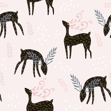 Seamless pattern with deers, floral elements, branches. Creative woodland background. Perfect for kids apparel,fabric, textile, nursery decoration,wrapping paper.Vector Illustration