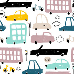 Seamless pattern with hand drawn cute car. Cartoon cars, road sign,zebra crossing vector illustration.Perfect for kids fabric,textile,nursery wallpaper