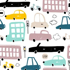Printed kitchen splashbacks Cars Seamless pattern with hand drawn cute car. Cartoon cars, road sign,zebra crossing vector illustration.Perfect for kids fabric,textile,nursery wallpaper