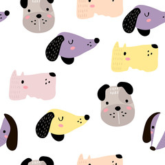 Seamless childish pattern with dog animal faces. Creative nursery background. Perfect for kids design, fabric, wrapping, wallpaper, textile, apparel