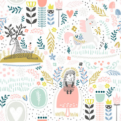 Obraz premium Seamless woodland pattern. Creative height detailed background. Perfect for kids apparel,fabric, textile, nursery decoration,wrapping paper.Vector Illustration