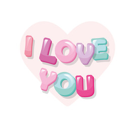 I love you. Glossy cartoon letters in pastel pink. Cute sticker.