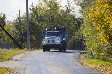 Fototapeta na wymiar Truck with logs on an asphalt road