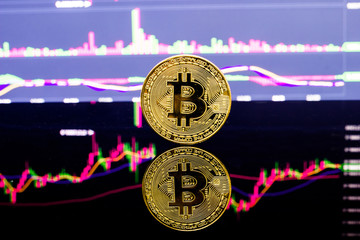 Gold bitcoin on stock market chart background