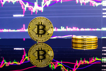 Gold bitcoin on stock market chart background