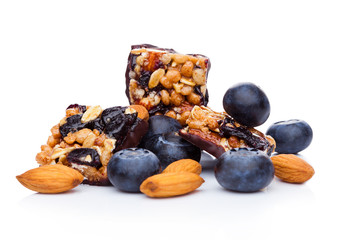 Healthy cereal bar with almonds and blueberries