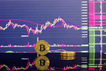 Gold bitcoin on stock market chart background