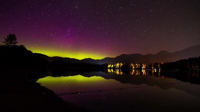 Aurora Borealis (northern lights) night sky at Alta Lake, Whistler, BC, Canada