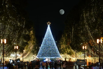 Tokyo, Japan-December 2, 2107: People come to Tama city to watch illuminations for Christmas.