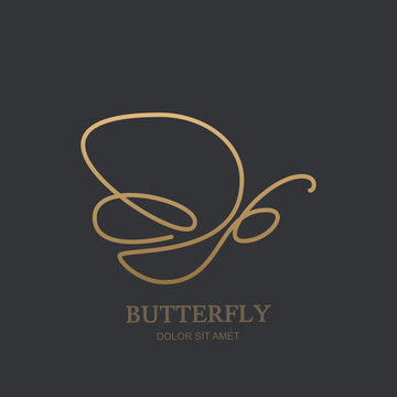 Vector one line logo icon or emblem with golden butterfly. Abstract modern design template. Concept for luxury jewelry and accessories store, beauty spa salon or cosmetics shop.