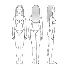 Image of a young girl in full growth in front, behind, side. Girl in underwear. Girl with straight hair of medium length. Shapely thin girl. Sketch for design, for coloring. Vector eps10.