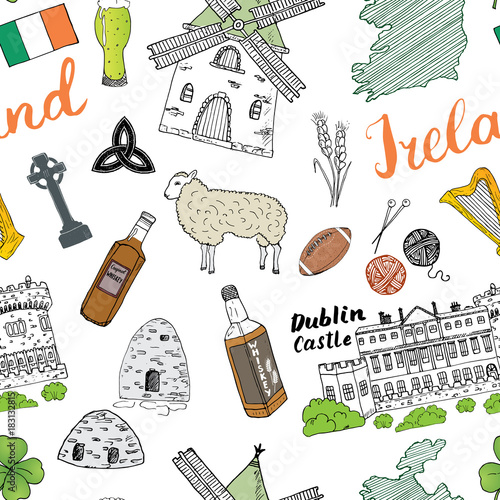 "Ireland Sketch Doodles Seamless Pattern. Irish Elements with flag and ...