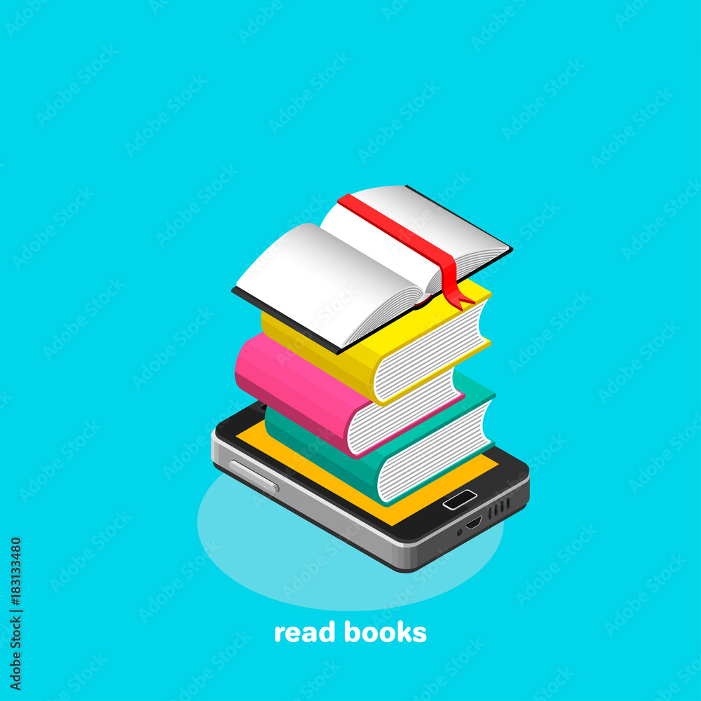 Poster read books electronically on a smartphone, image in an isometric view