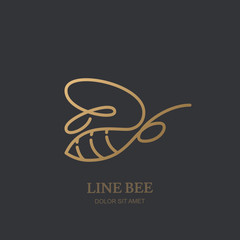 Vector one line logo icon or emblem with golden honeybee. Abstract modern design template. Outline bee illustration. Concept for honey package design, luxury jewelry