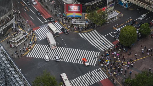 Pedestrian scramble crosswalk in Shibuya, Tokyo. High angle time lapse of people crossing the street
