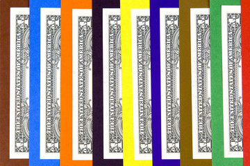 Paper money and colorful colorful stripes. Abstraction, a background of bright colorful stripes alternates with paper money bills.