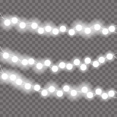Image with Christmas lights isolated on transparent background. Vector illustration of glowing lights for Xmas holiday. Set of Christmas decorations. Realistic design elements. For greeting card.