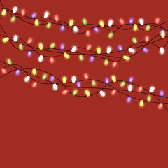 Image with Christmas lights isolated on transparent background. Vector illustration of glowing lights for Xmas holiday. Set of Christmas decorations. Set of color garlands. Realistic design elements.